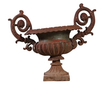 AMERICAN VICTORIAN CAST IRON GARDEN URN WITH HANDLES C 1890.