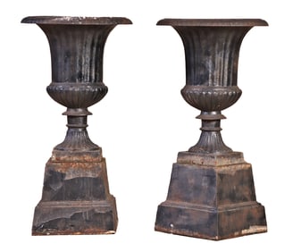 PAIR 36" CAST IRON CAMPAGNA STYLE GARDEN URNS ON SEPARATE PEDESTALS.