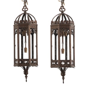 PAIR OF GOTHIC STYLE BRONZE HANGING LANTERNS C 1920.