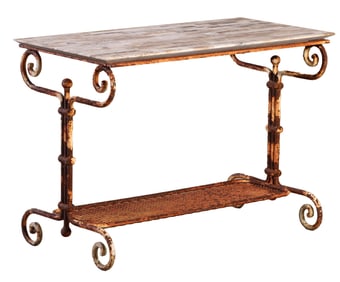 WROUGHT IRON SCROLL FORM MARBLE TOP SERVING TABLE C 1940.