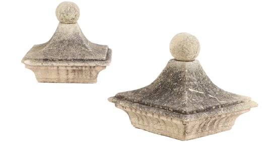 PAIR BELGIAN CAST STONE PIER CAPS WITH BALL FORM FINIALS C 1910.