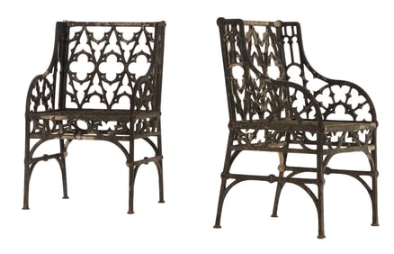 PAINTED ALUMINUM GOTHIC STYLE PAIR OF GARDEN CHAIRS IN THE MANNER OF COALBROOKDALE.