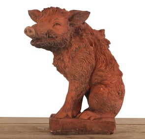 22" CAST STONE FIGURE OF A BOAR PAINTED TO RESEMBLE TERRACOTTA.