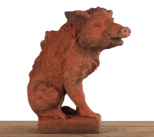22" CAST STONE FIGURE OF A BOAR PAINTED TO RESEMBLE TERRACOTTA.