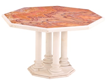 MARBLE TABLE HAVING A WHITE MARBLE COLUMNAR BASE AND A HIGHLY VARIEGATED MARBLE TOP C 1960.