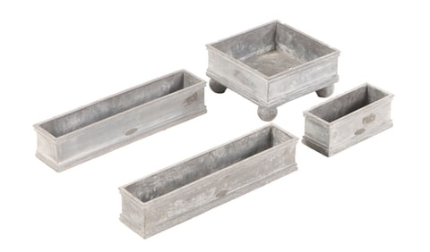 A LOT OF FOUR SMALL LEAD TABLE TOP PLANTERS LABELED RITA JORDENS.