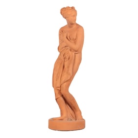 A 50" ITALIAN TERRACOTTA PARTIAL NUDE FIGURE OF DIANA.