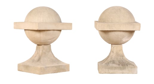 PAIR OF 23" TWO PART CAST STONE SPHERES.