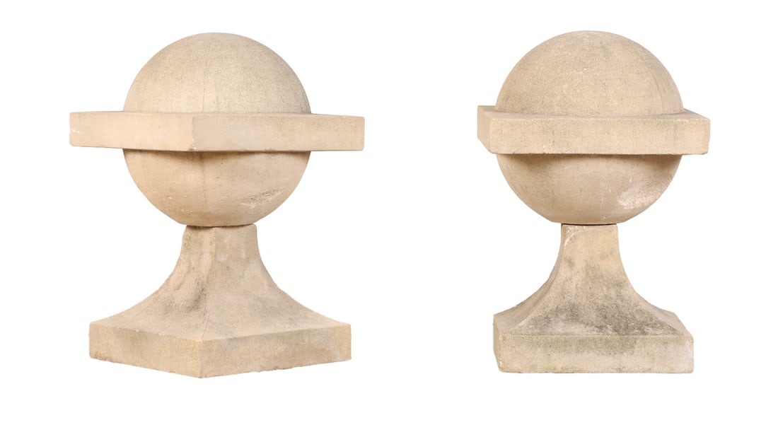 PAIR OF 23" TWO PART CAST STONE SPHERES. (1 of 6)