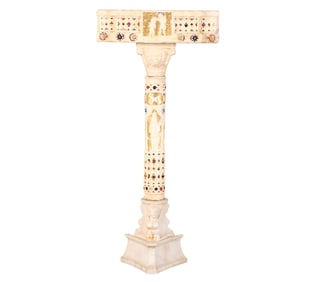 A CARVED MARBLE HOLY WATER FONT HAVING MOSAIC INLAY C 1880 PURPORTEDLY FROM THE HYDE PARK ESTATE