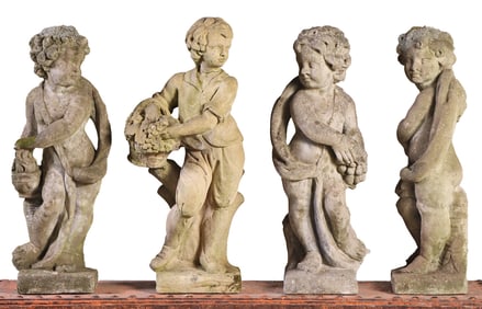 FOUR 29" CAST STONE GARDEN FIGURES DEPICTING THE FOUR SEASONS.