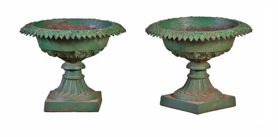 PAIR CAST IRON GARDEN URNS C 1870 BY FISKE.