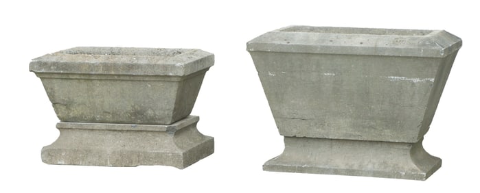 TWO BELGIAN BLUE STONE GARDEN URNS WITH DRAINAGE HOLES C 1900.