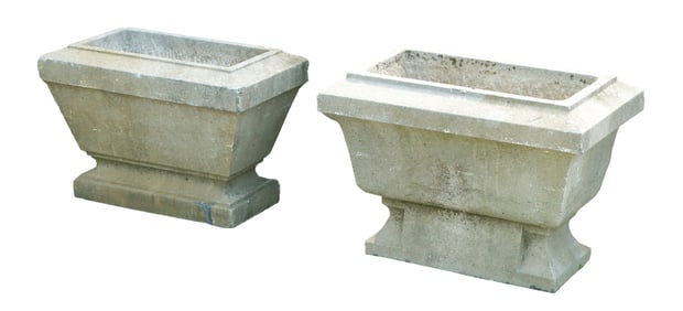 TWO BELGIAN BLUE STONE GARDEN URNS WITH DRAINAGE HOLES C 1900.