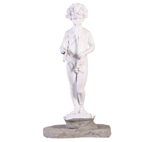 35" PAINTED LEAD FOUNTAIN PAN FIGURE ON BASE.