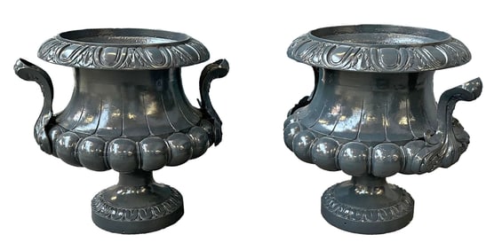 PAIR OF FRENCH CAST IRON GARDEN URNS C 1880 WITH HANDLES. RECENTLY SAND BLASTED AND PROFESSIONALY