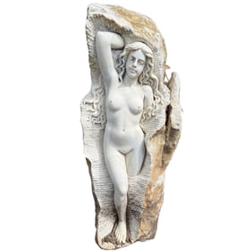 ONE PIECE CARVED MARBLE RELIEF OF A NUDE FEMALE.
