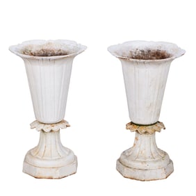 PAIR VASE FORM CAST IRON GARDEN URNS.