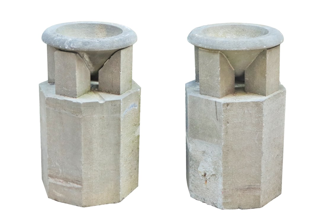 PAIR OF TWO PART CARVED BLUE STONE ART DECO STYLE PLANTERS C 1880. (1 of 5)