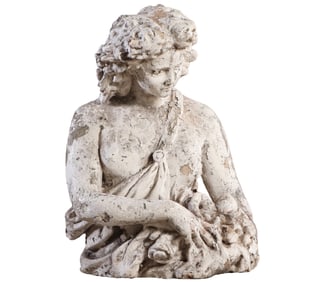 CAST STONE GARDEN FIGURE OF A PARTIAL NUDE CLASSICAL FEMALE FIGURE IN OLD PAINT.