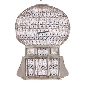 A PAINTED WOOD AND IRON FRENCH BIRDCAGE.