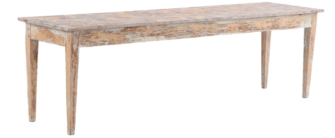 LARGE PAINTED PINE FRENCH FARM TABLE WITH PEGGED CONSTRUCTION C 1920.