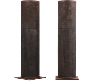 PAIR DIMPLED IRON INDUSTRIAL TUBES FITTED TO BECOME FLOOR LAMPS.