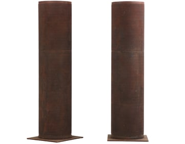 PAIR DIMPLED IRON INDUSTRIAL TUBES FITTED TO BECOME FLOOR LAMPS.