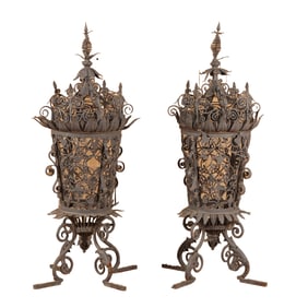 LARGE PAIR OF ITALIAN WROUGHT IRON LANTERNS C 1910 DESIGNED TO SIT ATOP PIERS TO GRACE YOUR ENTRYWAY