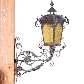 LARGE ORNATE FRENCH WROUGHT IRON WALL SCONCE ON BRACKET C 1900.