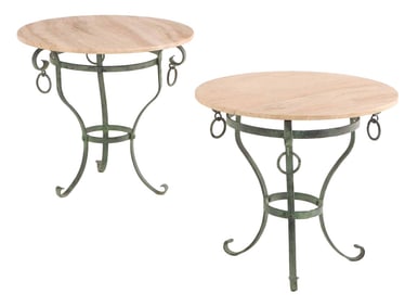 PAIR OF PAINTED WROUGHT IRON TRAVERTINE TOP TABLES WITH RING DECORATION.