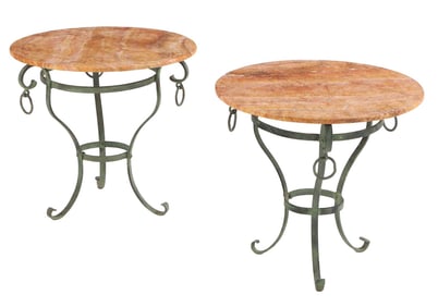 PAIR OF PAINTED WROUGHT IRON TRAVERTINE TOP TABLES WITH RING DECORATION.
