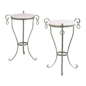 PAIR OF PAINTED WROUGHT IRON PLANT STANDS WITH RING DECORATION.
