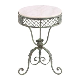PAINTED WROUGHT IRON MARBLE TOP GARDEN TABLE WITH SCROLL FORM BASE.