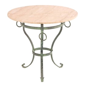PAINTED WROUGHT IRON TRAVERTINE TOP TABLE WITH RING DECORATION.