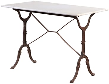 CLASSIC FRENCH CAST IRON MARBLE TOP BISTRO TABLE.