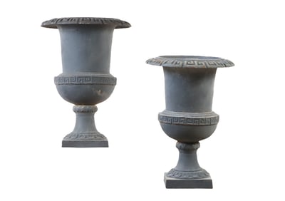 A PAIR OF 18" LEAD URNS OF CLASSICAL FORM.