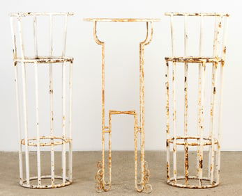 FRENCH THREE PIECE PAINTED IRON BISTRO SET IN THE MANNER OF JEAN ROYERE C 1960.