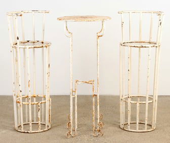 FRENCH THREE PIECE PAINTED IRON BISTRO SET IN THE MANNER OF JEAN ROYERE C 1960.