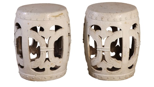 PAIR GLAZED EARTHENWARE ASIAN STYLE GARDEN SEATS.