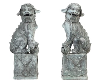PAIR OF 27" BRONZE FOO DOGS WITH NICE OLD PATINA.