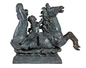 29" BRONZE CHERUB RIDING A SEAHORSE HAVING A NICE GREEN PATINA.