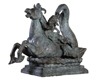 29" BRONZE CHERUB RIDING A SEAHORSE HAVING A NICE GREEN PATINA.