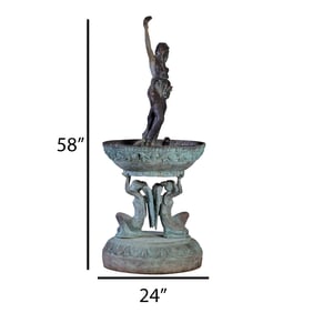 A 58" BRONZE FOUNTAIN DEPICTING A FEMALE FIGURE WITH RAISED ARM STANDING IN A BASIN SUPPORTED BY