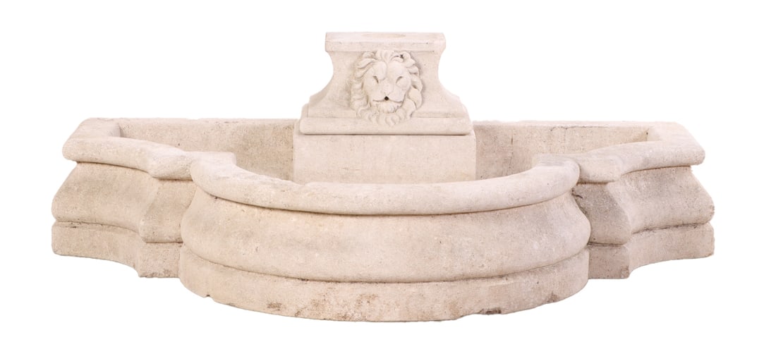 TWO PART CAST STONE FOUNTAIN WITH LION MASK HEAD. (1 of 6)