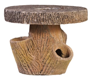 FRENCH CAST STONE FAUX BOIS TABLE HAVING A CENTRAL HOLE IN TOP TO HOUSE FLOWERS C 1950.