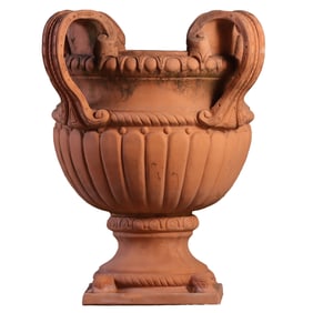 29" TWO PART TERRACOTTA GARDEN URN WITH HANDLES.