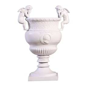 FIGURAL CAST IRON GARDEN URN. THIS MODEL CAN BE SEEN AT THE PALACE OF VERSAILLES.