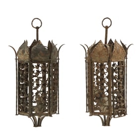 A PAIR OF ITALIAN WROUGHT IRON HANGING LANTERNS C 1910.