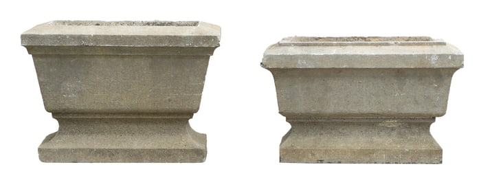 A PAIR OF CARVED BLUE STONE PLANTERS WITH DRAINAGE HOLE C 1900.